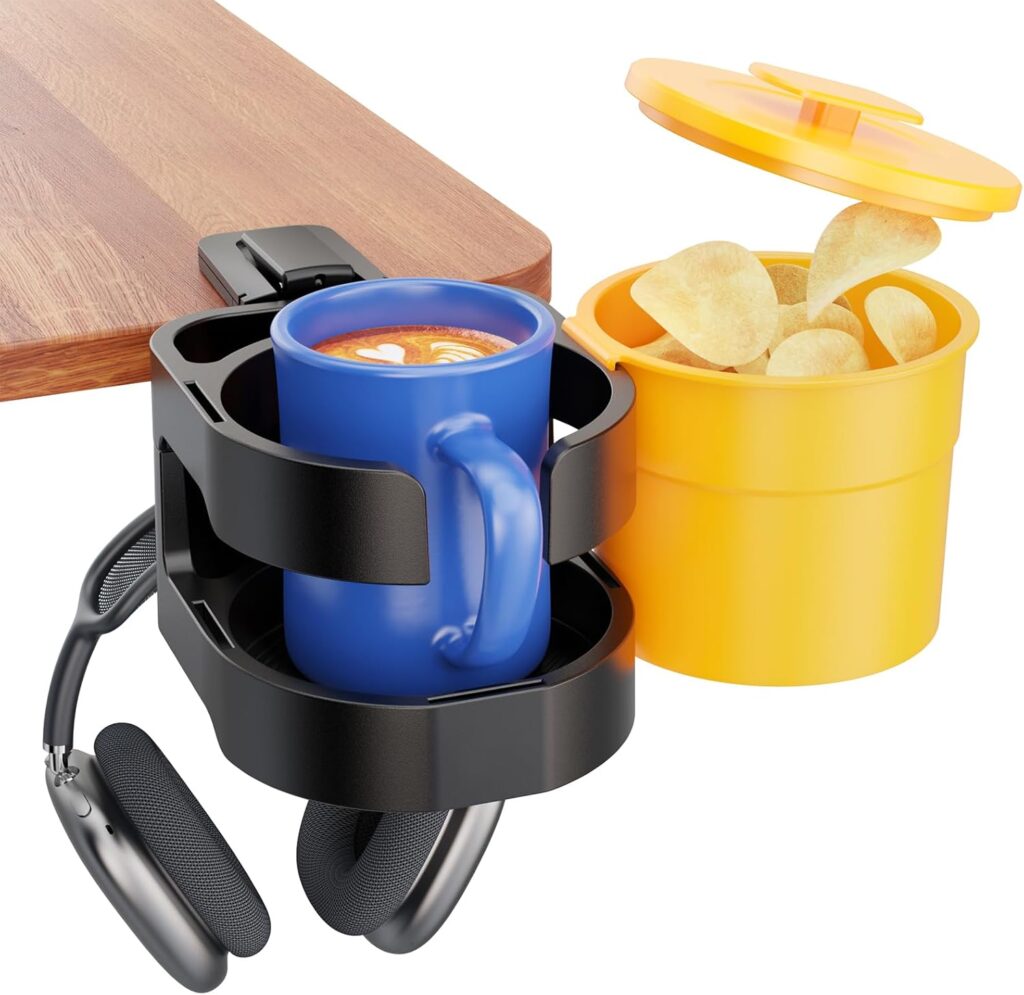 7-in-1 Desk Cup Holder - EURPMASK Desk Organizer with Headphone Holder, Controller Holder, Snack Bucket, and Phone Holder, Clamp-On Desk Accessory with Sturdy Large Storage, Easy to Install, Black