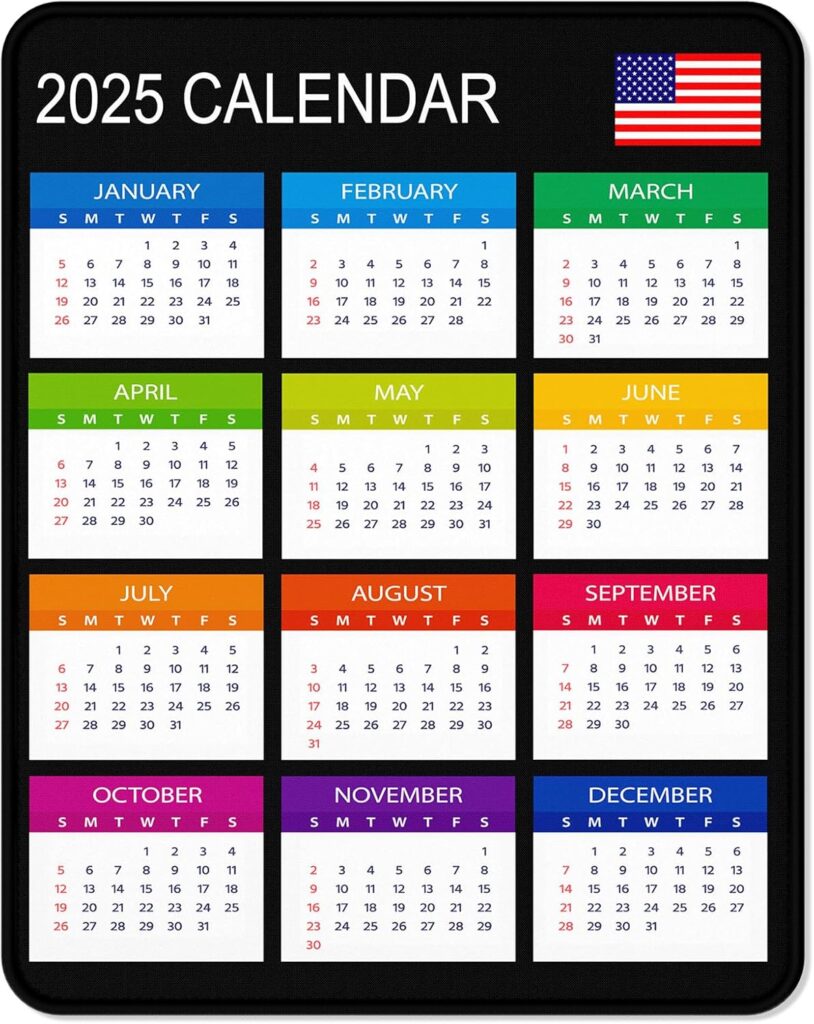 2025 Calendar Mouse Pad, Square New Year 2025 Mousepad 10.2 x 8.3 Inch, Stitched Edge Anti-Slip Waterproof Rubber Computer Mat for Office, Gaming, Laptop, New Year Office Supplies Gift, Black